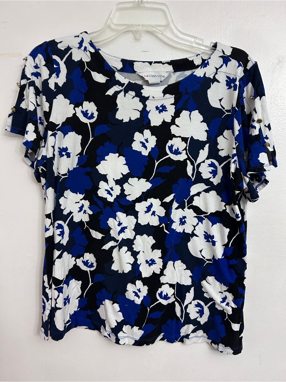 Liz Claiborne Black, Blue & White Floral Short Sleeve Top